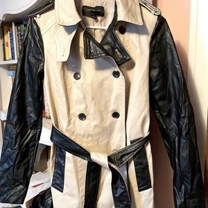NEW TAN TRENCH STYLE JACKET WITH BLACK FAUX LEATHER DETAILING!!